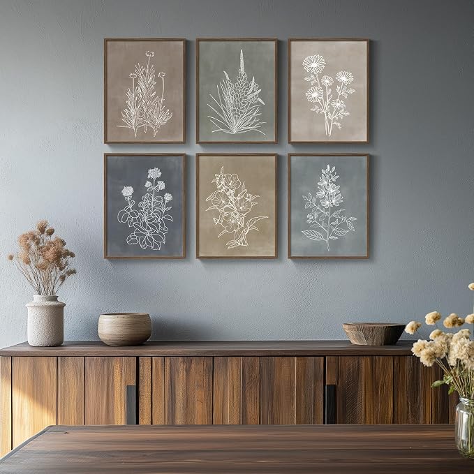 Framed Boho Botanical Wall Art for Living Room, 6 Piece Modern Farmhouse Neutral Floral Canvas Painting Prints, Minimalist Vintage Flower Plants Line Artwork for Bedroom Hallway Wall Decor, 11x14 In
