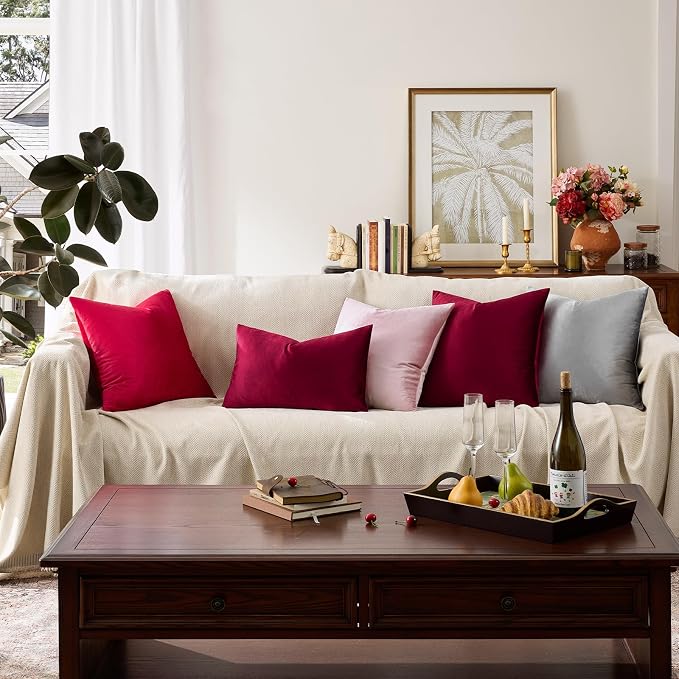GIGIZAZA Burgundy Velvet Pillow Covers 24x24 Decorative Pillows Pack of 2 | Red Throw Pillows for Couch Sofa,280gsm Soft Textured Fabric,Modern Square Pillowcases,Luxury Cushion Covers