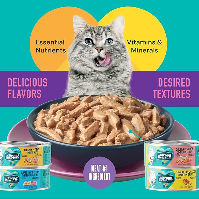 A Strong Heart Cat Food Variety Pack, Chicken & Seafood, 40ct 5.5oz Cans | Pate & shreds in gravy, all life stages, complete & balanced, made in USA