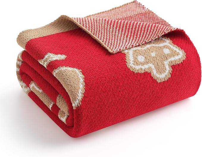 Christmas Knit Throw for Couch, Reversible Soft Cozy Chenille Blanket for Home Decor Gift for Family, 50" x 60", Christmas Gingerbread Cookie