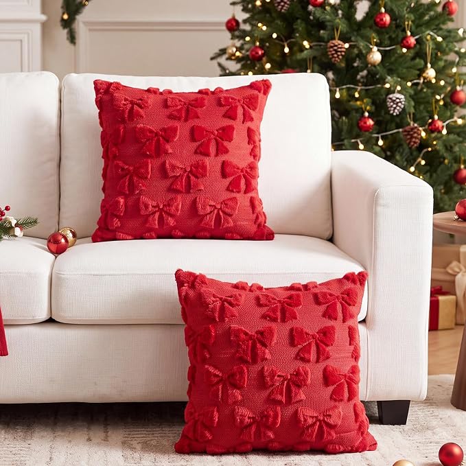 Mixweer Red Bow Pillow Covers Set of 2 Preppy Room Decor Coquette Cute Spring Summer Decorative Faux Fur Soft Bowknot Stuff Fluffy Plush Aesthetic Pillowcase for Bed Sofa Couch (20 x 20 Inch)