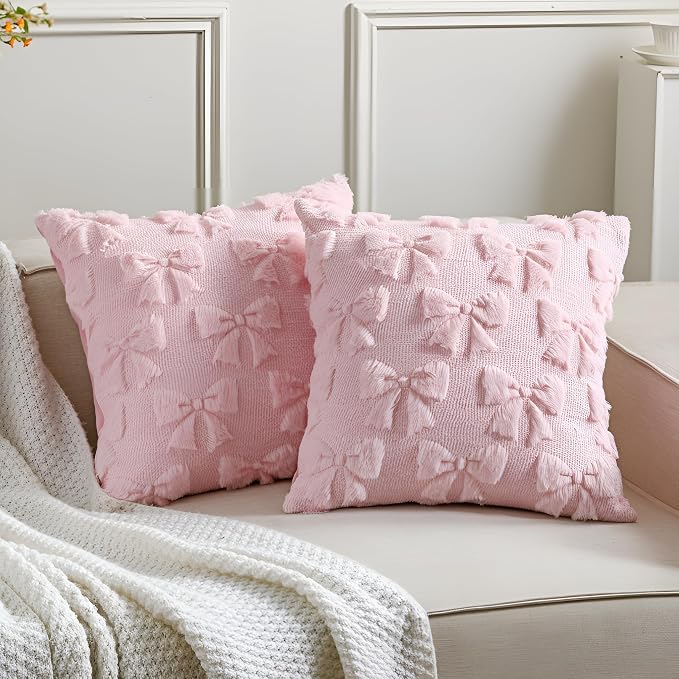 Mixweer Pink Bow Pillow Covers Set of 2 Preppy Room Decor Coquette Cute Spring Summer Decorative Faux Fur Soft Bowknot Stuff Fluffy Plush Aesthetic Pillowcase for Bed Sofa Couch (18 x 18 Inch)