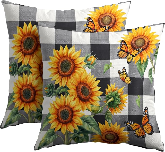 Sunflower Pillow Covers 18X18 Inch Set of 2 Black White Buffalo Plaid Flower Decorative Pillow Cases Spring Summer Floral Cushion Case Farmhouse Modern Home Decor for Sofa Couch Bedroom