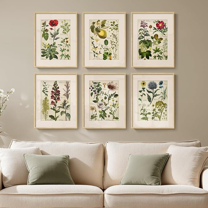 Framed Botanical Floral Wall Art for Kitchen, Set of 6 Green Painting Canvas Prints with Mat for Modern Farmhouse Wall Decor, Rustic Plant Flower Pictures for Living Room Bedroom Dining Room, 11x14