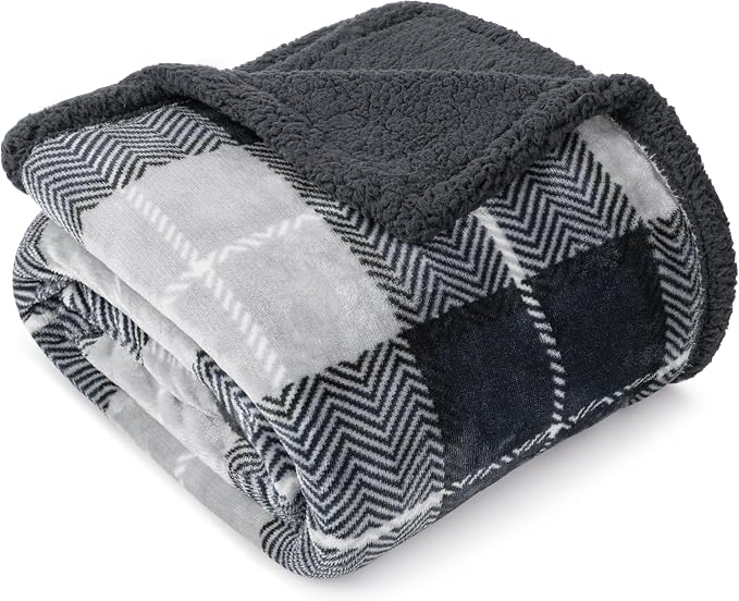 PAVILIA Plaid Sherpa Throw Blanket for Couch Sofa Bed, Dark Grey, 50x60 | GSM 460; Soft Plush Flannel Fleece; Warm&Cozy for Home; Machine Washable, Perfect Cabin Decor Winter Holiday Christmas Gift