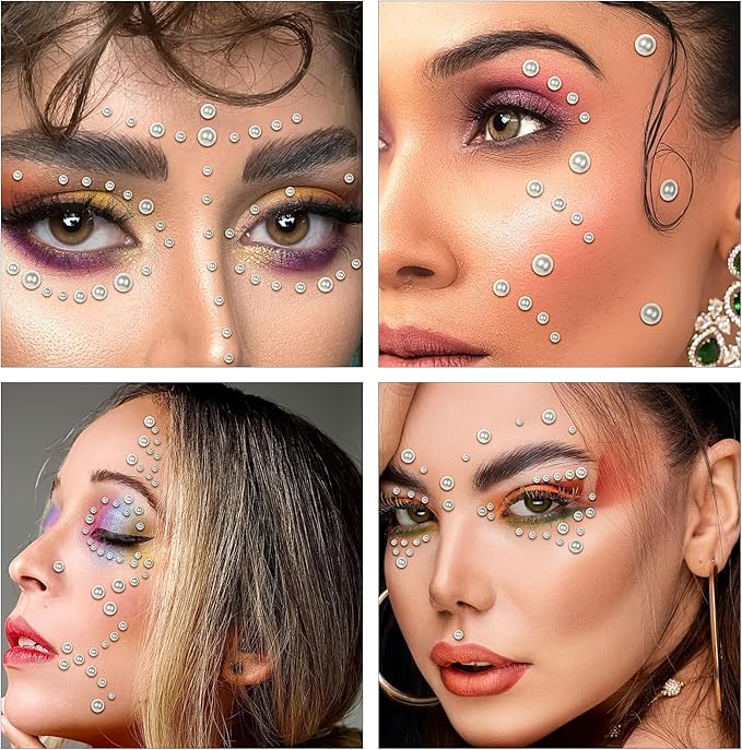 591pcs Face Gems Hair Gems Pearls, Self-Adhesive Face Jewels Eye Rhinestones 3/4/5/6/8 mm Face Gem Stick on, Halloween Makeup Gems Rave Accessories for Face Eyes Body Makeup (04.White Pearl)
