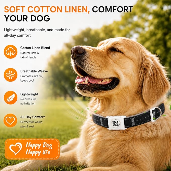 AirTag Dog Collar with QR Code ID, Dog Collar with Air Tag Holder,Black, M