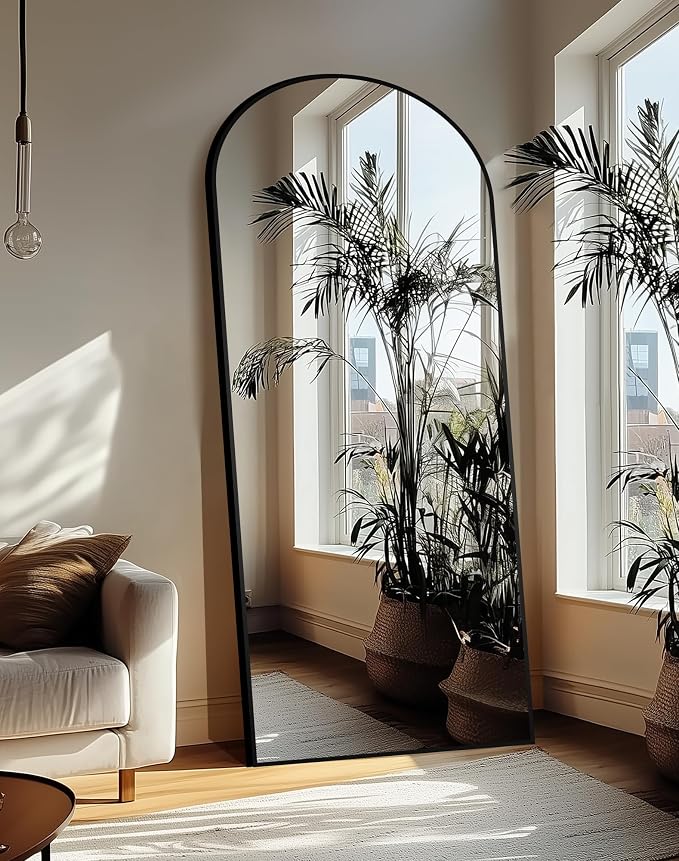 Arched Full Length Mirror with Stand, 75x35 Black Floor Mirror | Aluminium alloy frame with HD float glass for distortion-free reflection. Free standing or wall mounted.