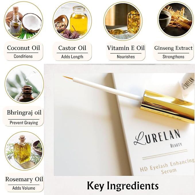 eyelash growth serum oil, safe with fast result lash enhancing serum organic castor oil, rosemary oil, ginseng extract etc, by Lurelan Beauty, Gold