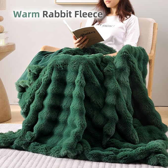 Faux Rabbit Fur Throw for Couch - Dark Green Bubble Blanket 50"x60" | Fluffy Plush Fuzzy Throw for Sofa & Bed, Super Soft Cozy Comfrt Blanket, Luxury Aesthetic Dark Green Decor Gift for Women