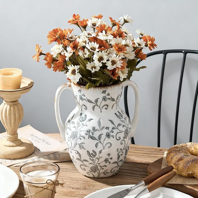 Emotionally Grounded Vase, Vaseking Large Ceramic Rustic Vase with 2 Handles, 8.3 inch Minimalist Decorative Farmhouse Tall Vases for Home Decor, Living Room, Enterway, Table Decoration, Gray Floral