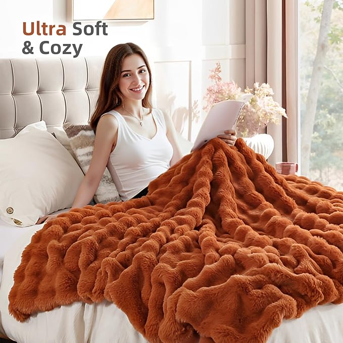 Faux Fur Fall Throw for Couch - Burnt Orange Bubble Blanket 50"x60" | Fluffy Plush Fuzzy Throw for Sofa & Bed, Super Soft Cozy Comfrt Blanket, Luxury Aesthetic Burnt Orange Decor Gift for Women