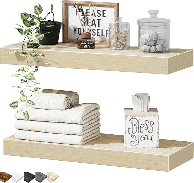 QEEIG Bathroom Floating Shelves for Wall - 15.7" Wall Mounted Shelf Over Toilet Farmhouse Home Decor Display Bookshelf Small 15.7 x 6.7 inch Set of 2, Natural (008-40N)