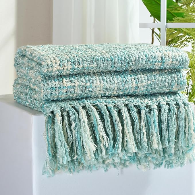 Multi-Color Cable Woven Throw Blanket for Couch - 60"X80" | Multicolored Boho Style,Super Soft Warm Cozy Chunky Blankets with Decorative Tassels for Bed and Sofa,Mint Blue