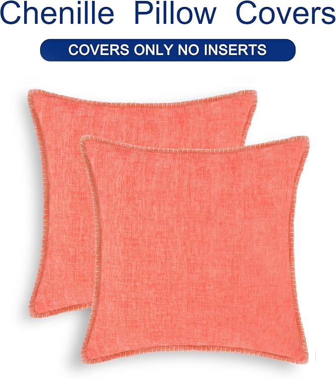 CaliTime Decorative Couch Throw Pillow Covers 22 X 22 Inches Living Coral | Pack of 2, Cozy Chenille Cushion Cases, Cotton Thread Stitching Edges, for Sofa Bed Living Room Farmhouse
