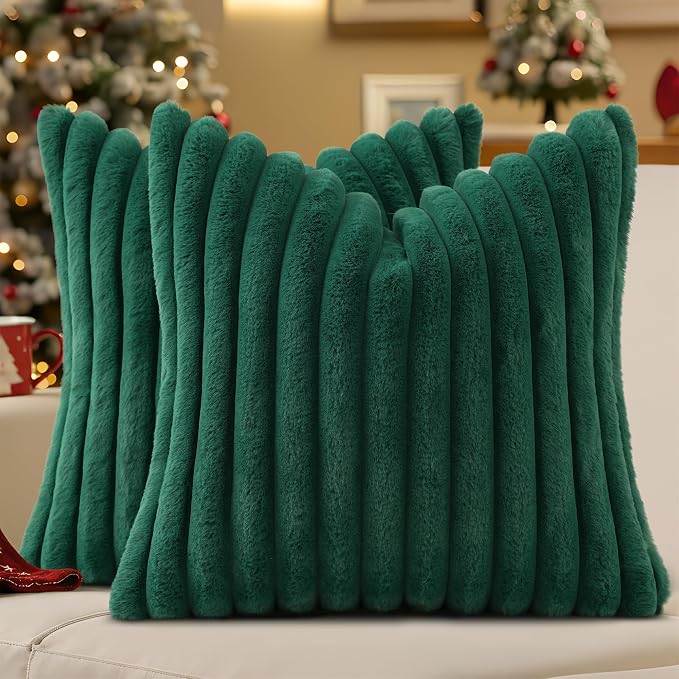 decorUhome Fall Faux Fur Throw Pillow Covers 18x18 Set of 2 Christmas Green | Decorative Soft Cozy Striped Plush Modern Farmhouse Boho Couch Pillow Cases Velvet Back for Sofa Bed Living Room Home Decor