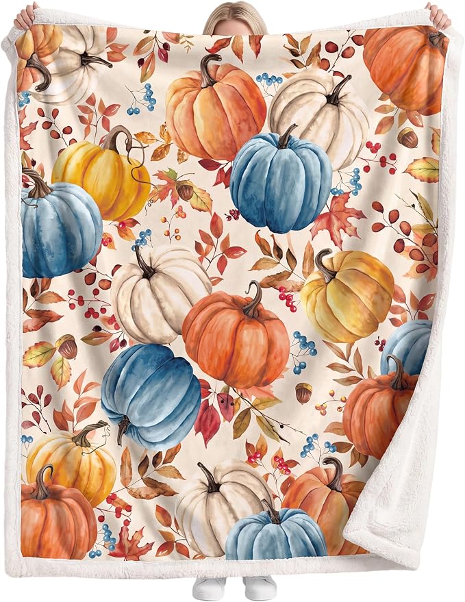 Fall Pumpkins Throw Blanket, Autumn Orange White Blue Pumpkins Leaves and Berries Soft Warm Fleece Blanket for Living Room Couch Bed Chair or Dorm, 50"x60"