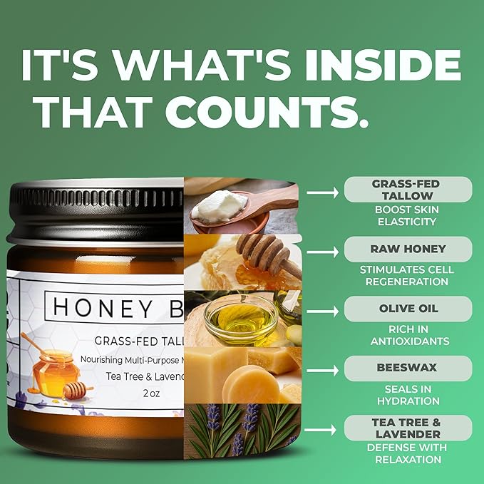 Tallow and Honey Balm, Organic Body Butter, Grass-Fed Beef Tallow for Skin, Soothing All-Natural Moisturizer for Body and Face | Made in USA - 2 oz (Tea Tree & Lavender)