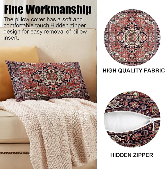 Boho Throw Pillow Covers 12x20 inch Set of 2,Soft Pillowcases Bohemia Carpet Printing Pattern Decorative Sofa Living Room Bed Rectangle Pillow Case Cushion Cover-Red