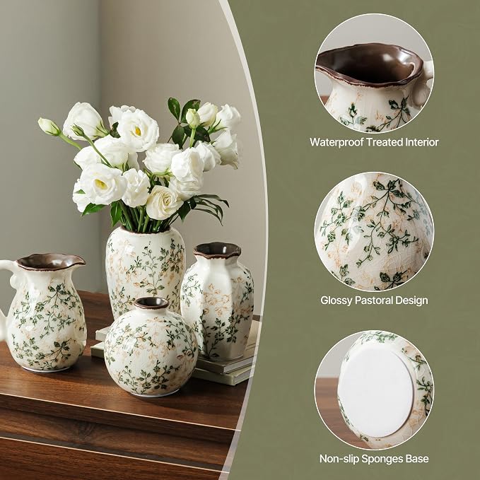 Ceramic Flower Small Vase for Home Decor, Vintage Green Mini Vase Set of 4 | Rustic Farmhouse Floral Vase for Kitchen, Living Room, Mantel, Coffee Table, Bookshelf, Entryway, Wedding Centerpiece