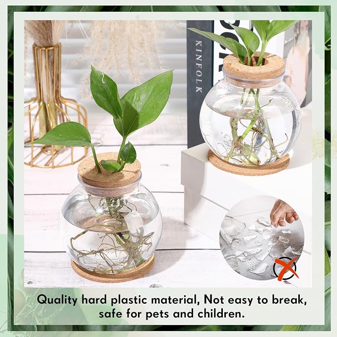 2 Packs Propagation Vases for Plants Plastic Plant Propagation Station with Hole Lid and Cork Coasters Plant Growing in Water Hydroponic Home Office Table Decoration(Fish Bowl Style)