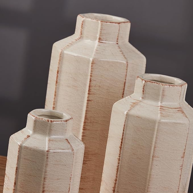 Ceramic Rustic Farmhouse Vase Set of 3,Ice Cracked Glazed Terracotta Vase | Large Vases for Decor,Fall Decoratiion Vases for Home, Table, Living Room, Shelf