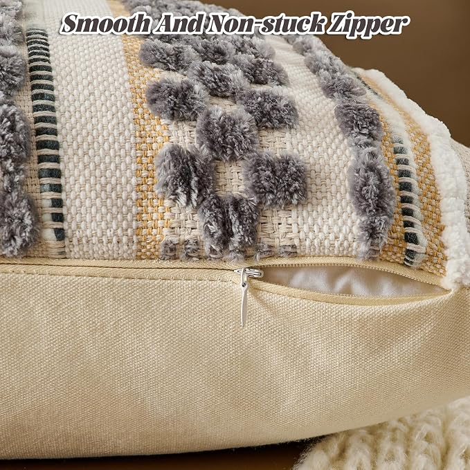 Set of 2 Chenille Striped Textured Boho Throw Pillow Covers Aesthetic with Tassels Woven Decorative Pillow Case for Couch Bed Sofa Bedroom Modern Funky 18 x 18-Inch Grey White