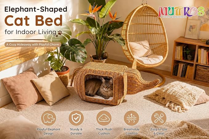 MUTTROS Elephant Cat Condo Bed, Woven Cat House | Indoor cat homes; Cats, small dogs and rabbits; Designed for large cats