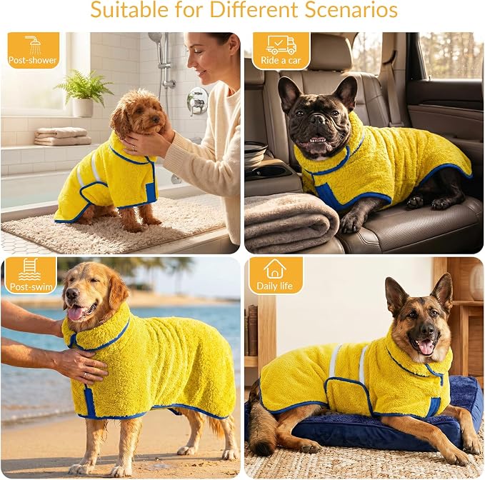 Bienbee Dog Bathrobe, Super Absorbent for Small to Large Dogs, Yellow XL | Dog Robes with Soft Fleece, Warm & Cozy, Adjustable Fit, and Quick Drying Coat for Baths Swimming and Grooming
