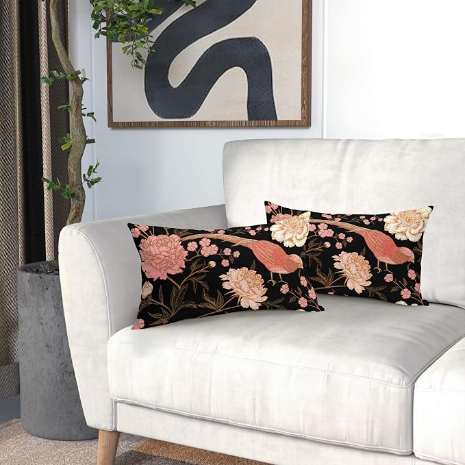 Flowers Birds Leaf Lumbar Pillow Covers 12X20 Inch Set of 2 Pink White Roses Floral Decorative Pillow Cases Art Black Gold Cotton Linen Cushion Case Vintage Home Decor for Sofa Couch Porch Outdoor