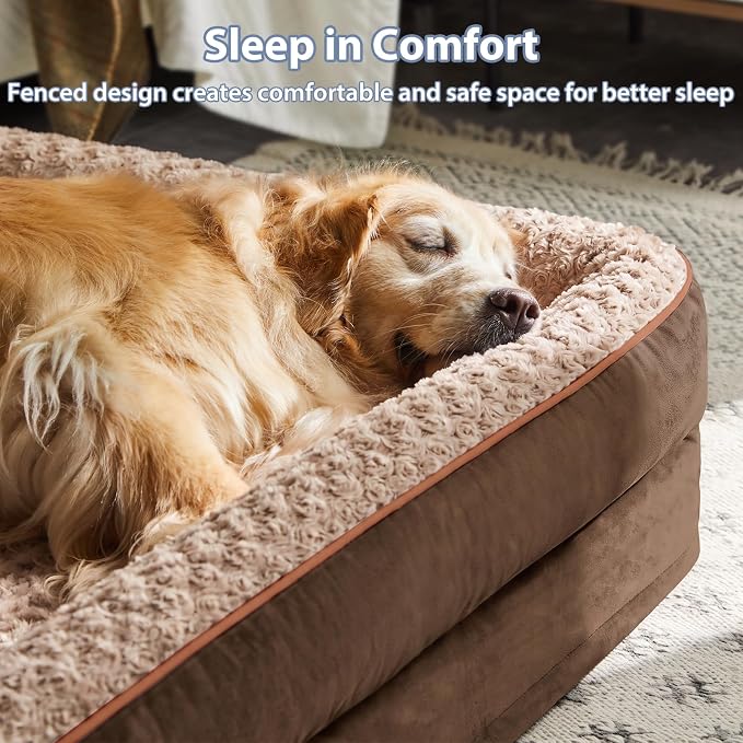 BFPETHOME Orthopedic Washable Dog Bed, Sleeping Couch for Large Senior Dogs | Deluxe Plush Rose Velvet Washable Cover, Egg Crate Foam Support, Waterproof Lining, Non-Slip Bottom, Senior Dogs
