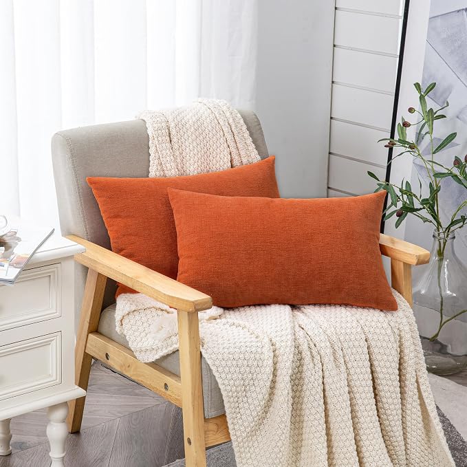 GAWAMAY Lumbar Pillow Decorative Rectangle Throw Pillow Covers 12"x20" Inch Set of 2, Super Soft Chenille Pillowcase for Living Room Bedroom Sofa Couch Cushion Cover Burnt Orange 30x50cm (ONLY COVERS)