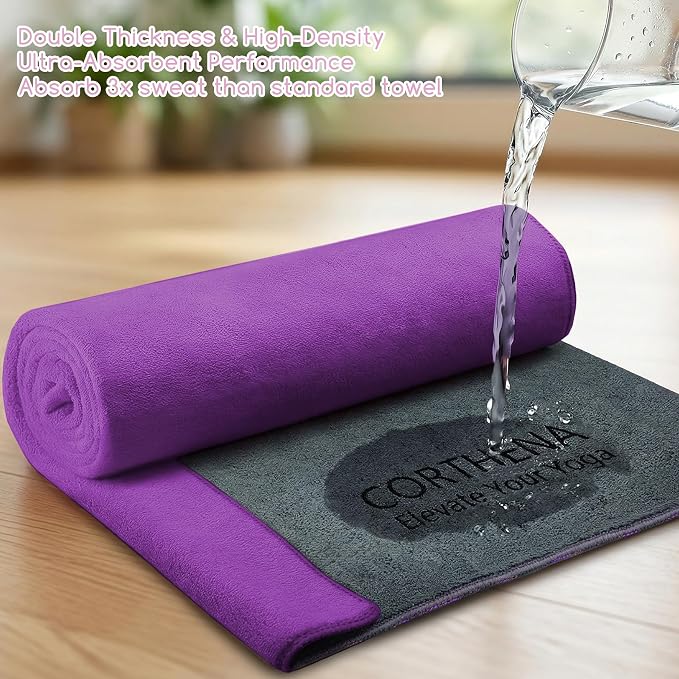 Hot Yoga Mat Towel Set – Non-Slip 600GSM Thickened Microfiber Yoga Mat Cover (70"x25.5") + Hand Towel – Super Absorbent, Skidless Sweat Towel for Hot Pilates, Bikram & Fitness, Dark Purple