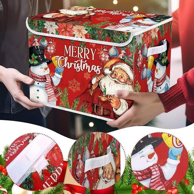 Briwooody Christmas Storage Bin with Lid and Carrying Handle Christmas Foldable Storage Box Large Xmas Decorative Collapsible Container Basket for Organizing Closet Home Bedroom Gift(Santa Claus)