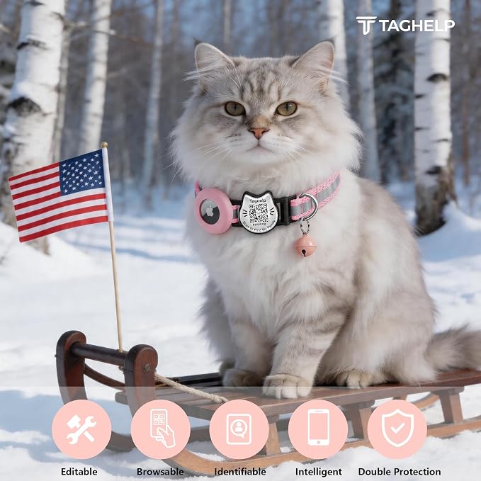 Cat Collar with AirTag Holder, QR Code Tag and Bell (Pink)