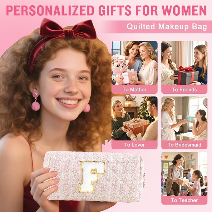 Personalized Quilted Cosmetic Bag, Puffy Monogrammed Christmas Birthday Gifts for Women & Girls, Cute initial Floral Makeup Bag Puffer Coquette Bag, Aesthetic Travel Toiletry Zipper Pouch(Pink,F)