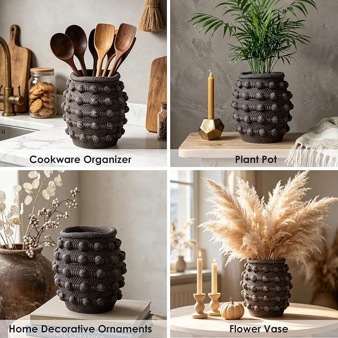 Rustic Farmhouse Vase, Boho Brown Vases for Pampas Grass Small Textured Knotted Vase for Flowers Decorative Cement Floral Vases for Home Decor, Living Room, Dining Table