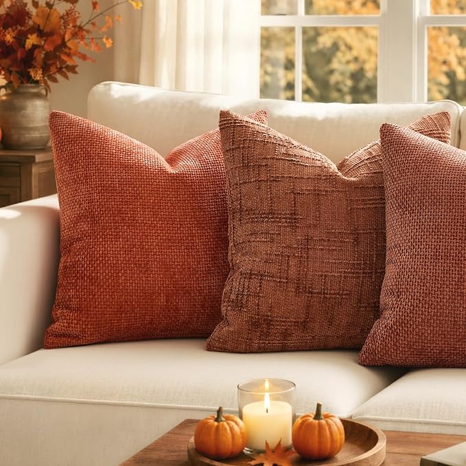 MIULEE Chenille Textured Fall Euro Throw Pillow Covers Burnt Orange 22x22 | Set of 2, Slubby Decorative Pillows, Boho Farmhouse Home Decor, Modern Neutral Cushion Covers for Couch Sofa Bed Living Room