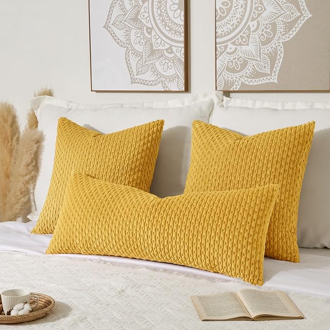 Kevin Textile Soft Corduroy 14"x36" Pillow Cover 1 Pack, Mustard Yellow | Boho Stripe Plush Corduroy Decorative Oblong Cushion Cover Modern Farmhouse Home Decor for Sofa Couch Bed Chair