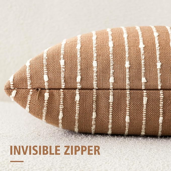 Foindtower Pack of 2 Decorative Jacquard Boucle Throw Pillow Covers Accent Textured Striped Pillowcases Soft Boho Modern Cushion for Couch Sofa Bedroom Living Room Home Decor 22x22 Inch Rust Tobacco