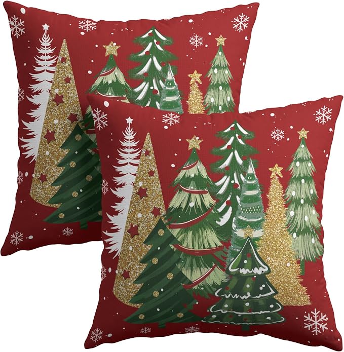 Kawani Christmas Red Throw Pillow Covers 20x20 Inches, Set of 2 Gold Green Xmas Trees Holiday Decor Square Pillowcase Cotton Linen Cushion Covers for Sofa Living Room Couch Bedding