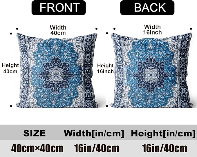 Boho Throw Pillow Covers 16x16 inch Set of 2,Soft Pillowcases Bohemia Carpet Printing Pattern Decorative Sofa Living Room Bed Square Pillow Case Cushion Cover-Blue
