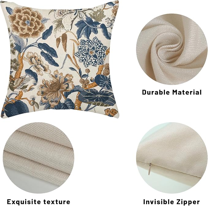 Grwon Navy Blue Pillow Covers 18x18 Inch Set of 2 Vintage Blue Floral Throw Pillows Chinoiserie Flower Decorative Pillow Case Outdoor Linen Farmhouse Cushion Cover for Couch Sofa Decorations