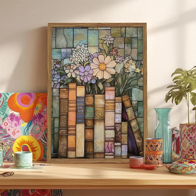 YYNISPIN Vintage Book Wildflower Wall Art Moody Stained Glass Book Lover Wall Decor Painting, Whimsical Reading Nook Library Poster Canvas Prints for Cottage Bedroom Living Room 16x24 inch Frame