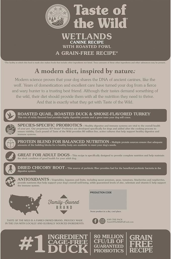 Taste of the Wild Wetlands Adult Dry Dog Food, Roasted Fowl, 14lb | High Protein |Grain Free Recipe* |Real Duck, Roasted Quail & Roasted Turkey |Nutrient Dense to Help Support Peak Health