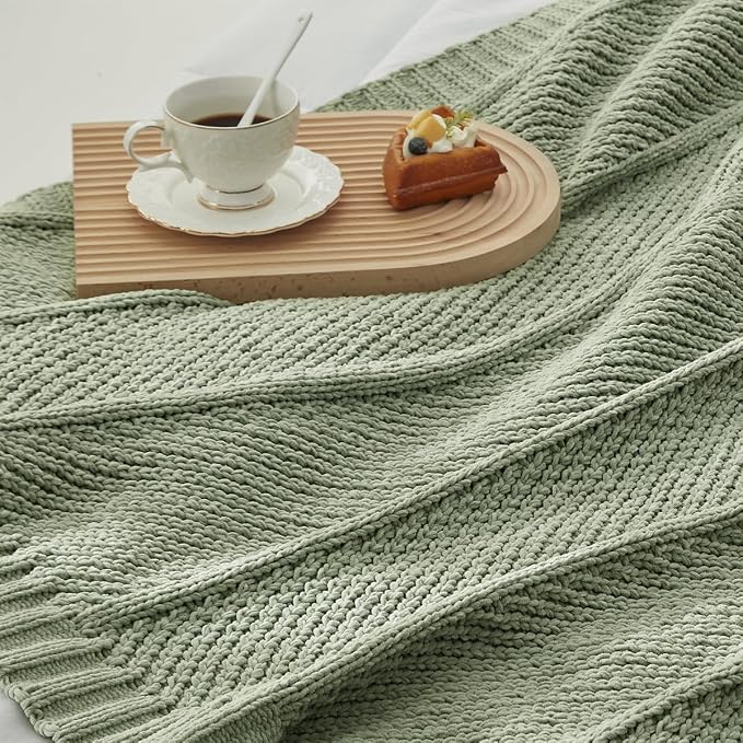 Knit Throw Blanket, Soft Chenille Cozy Breathable Chevron Chunky Decorative Blanket for Couch, Bed & Sofa, French-Inspired Lightweight Warm Gift for Women, Sage Green, 50"x60"