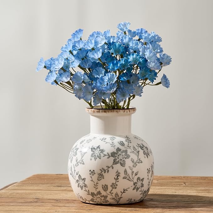 SIDUCAL Ceramic Vintage Vase, 5.91 Inch Retro Ice Cracked Chinoiserie Floral Vase, Rustic Farmhouse Vases for Home Decor, Bookshelf, Garden, Chinoiserie Decor, Tuscan Decor, Gray Floral Pattern