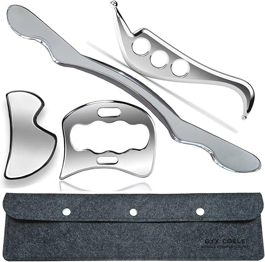 Muscle Scraper Tool Set, 4-Piece Stainless Steel IASTM Tools, Professional Scraping Tool Physical Therapy Massage Kit