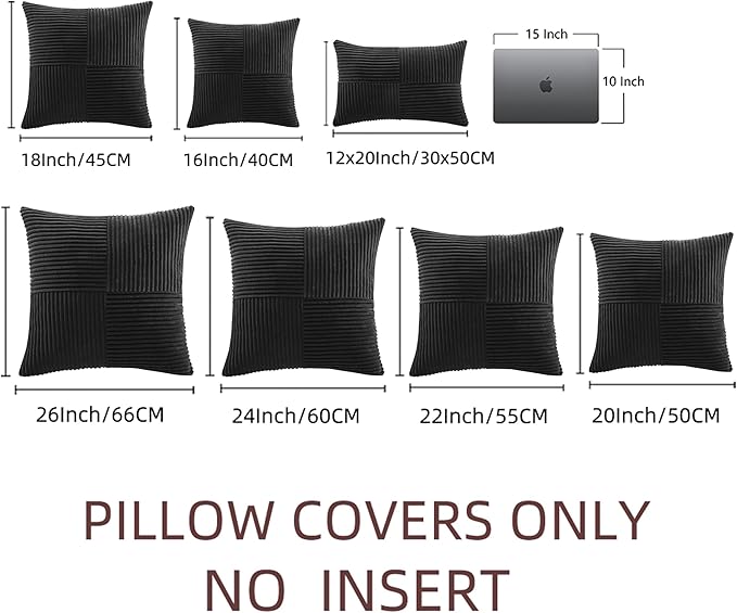 Fancy Homi Black Decorative Throw Pillow Covers 18x18 Inch for Living Room Couch Bed Sofa, Rustic Farmhouse Boho Home Decor, Soft Corss Corduroy Patchwork Textured Square Cushion Case 45x45 cm
