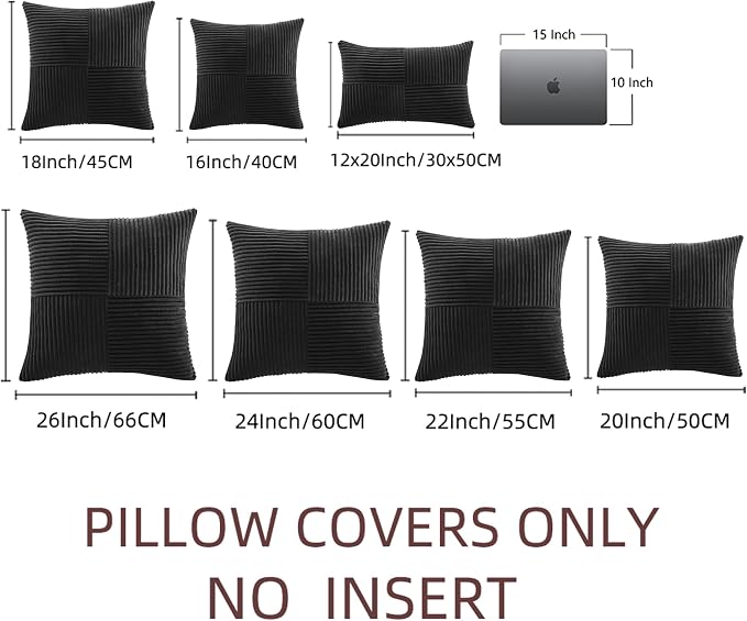 Fancy Homi Black Decorative Throw Pillow Covers 20x20 Inch for Living Room Couch Bed Sofa, Rustic Farmhouse Boho Home Decor, Soft Corss Corduroy Patchwork Accent Square Cushion Case 50x50 cm